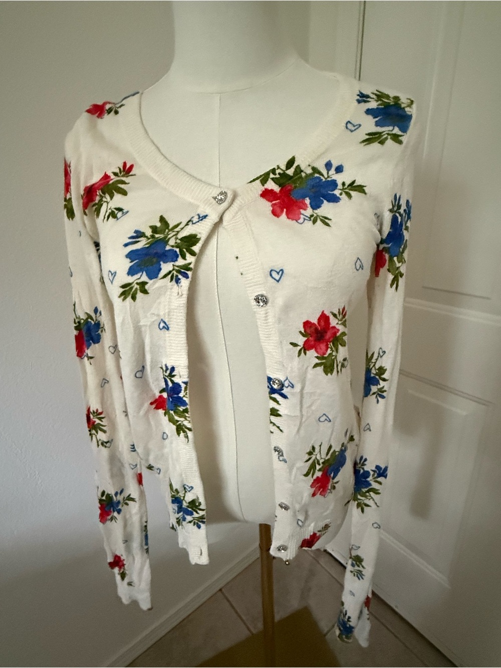 Hollister White Cardigan with Blue & Red Floral Print